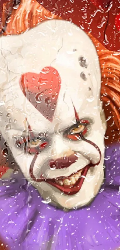 Creepy clown with heart on forehead in rain.