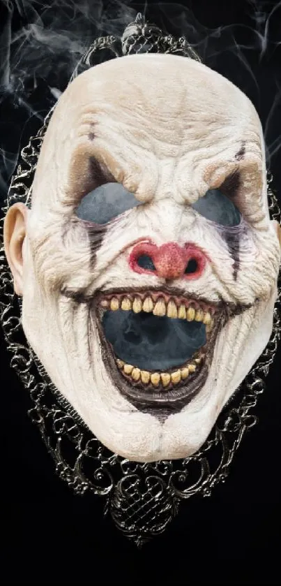 Creepy clown mask with smoke on a black background.