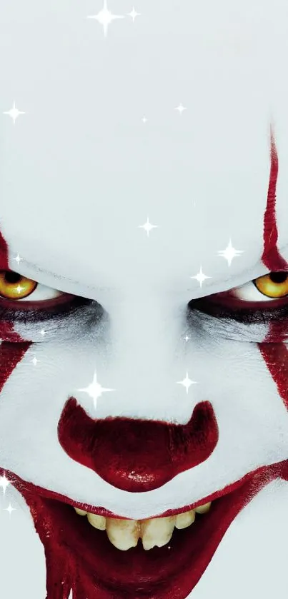 Creepy clown face with eerie red makeup and yellow eyes on mobile wallpaper.