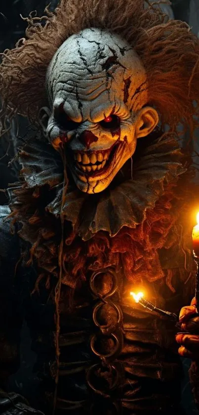 Creepy clown holding glowing candle in dark.