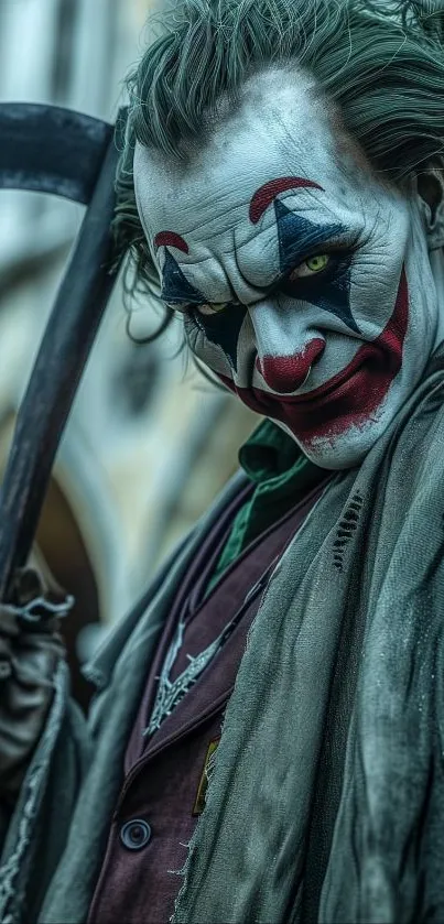 Chilling clown with scythe, eerie wallpaper.