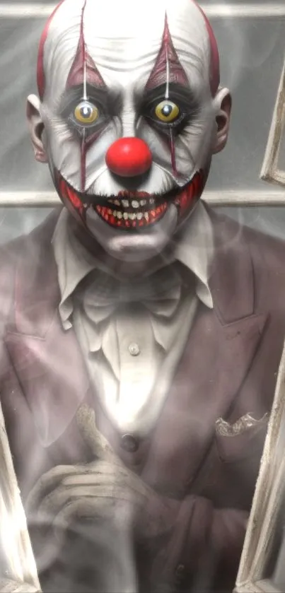 Creepy clown with red nose and haunting eyes in misty setting.