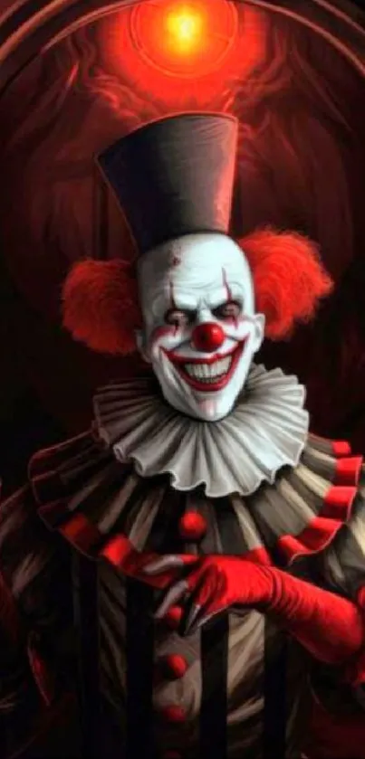 Creepy clown with red hair and hat in dim lighting, perfect for horror themes.