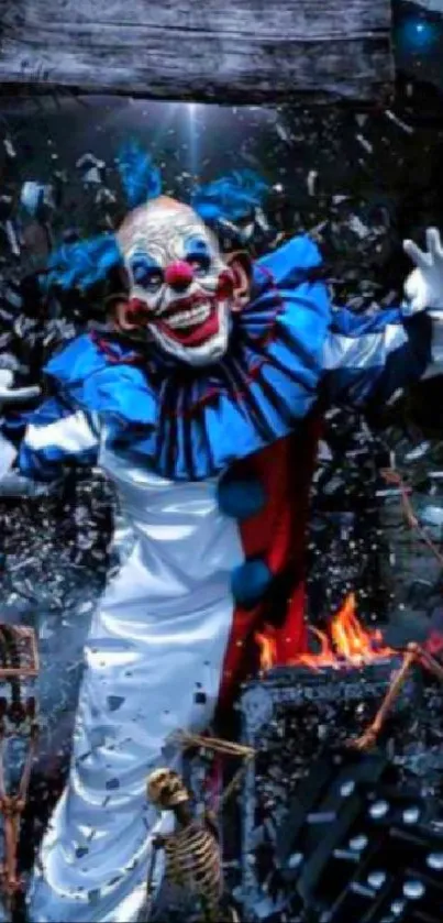 Creepy clown with skeletons and fire in eerie, dark setting.