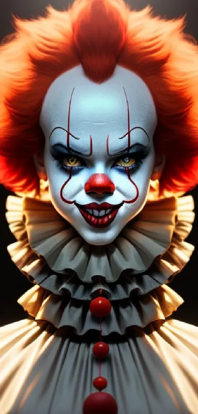 Creepy clown with red hair and ruffled collar in haunting mobile wallpaper.