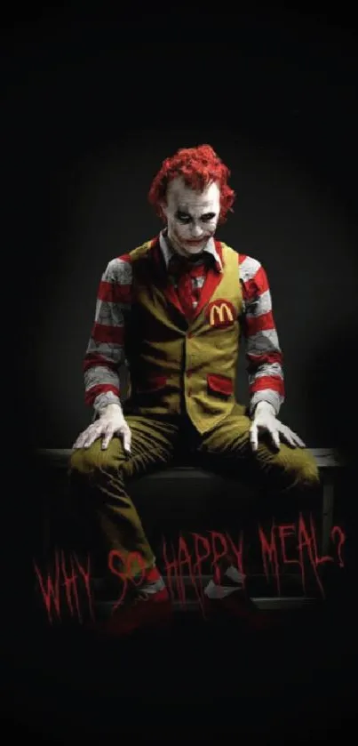 Creepy clown in dark setting, seated with red hair and striped outfit.