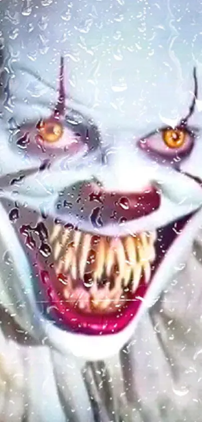 Creepy clown with yellow eyes and red lips on a mobile wallpaper.