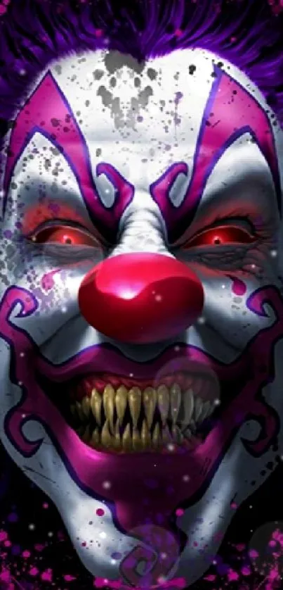 Creepy clown face with purple and red accents and menacing smile.