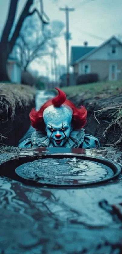 Creepy clown emerging from a manhole with blue and red hues.