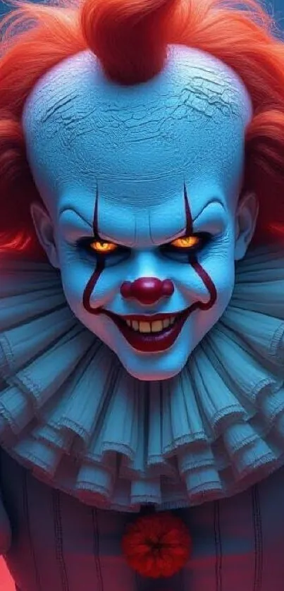 Creepy clown with bright eyes in a spooky wallpaper.