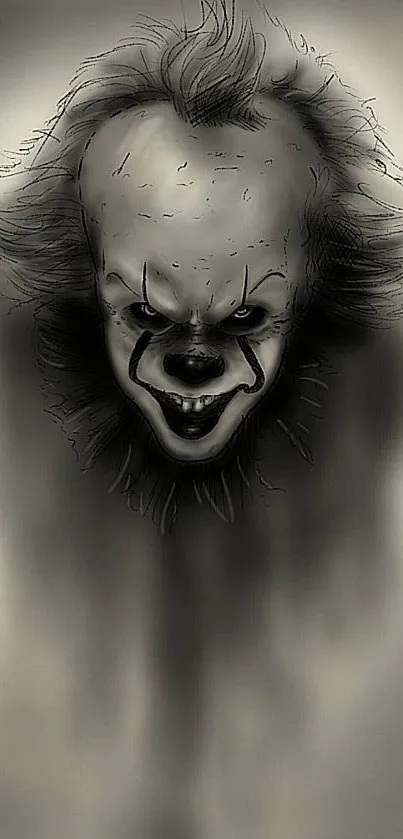 Creepy clown with eerie expression against a smoky gray background wallpaper.