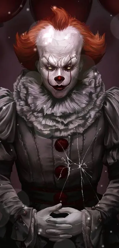 Creepy clown portrait with dark red theme for mobile wallpaper.