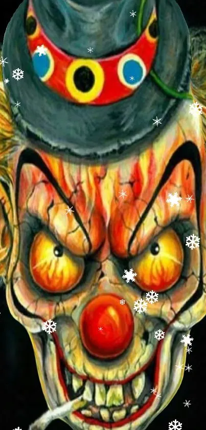 Creepy clown with vivid colors and eerie expression on a mobile wallpaper.