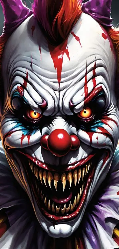 Scary clown face with intense gaze and vivid colors in horror art style.