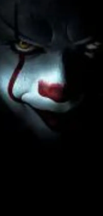 Creepy clown face with dark eerie background.