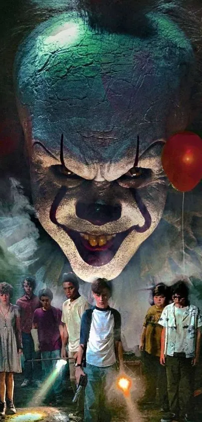 Creepy clown looming over a group of kids with a dark background.