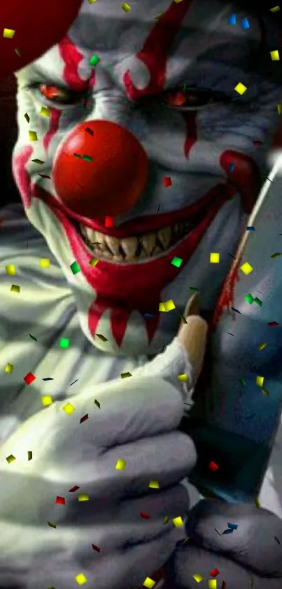 Sinister clown with red balloon and knife on dark wallpaper.