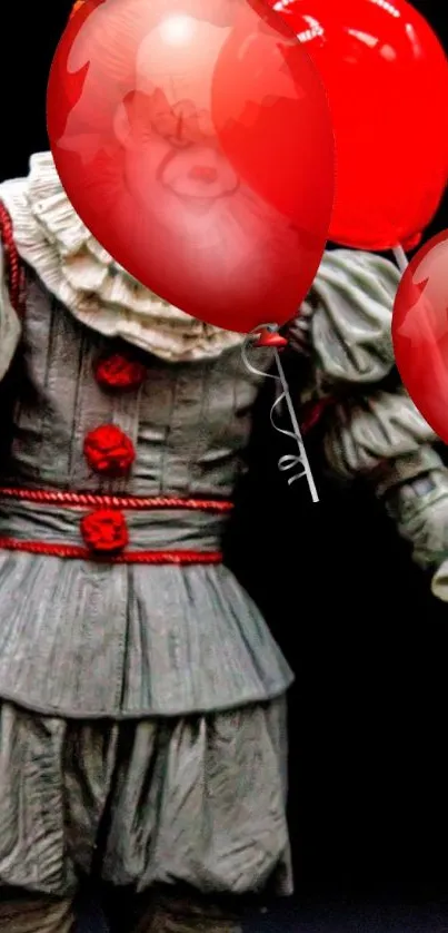 Clown in gray costume holding red balloons.