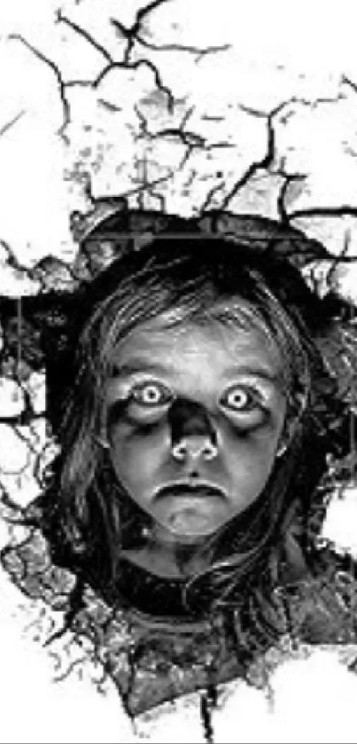 Creepy girl portrait emerging from cracked wall in black and white.