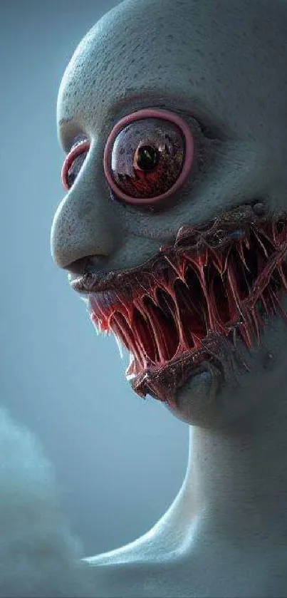 Surreal creepy creature with large eyes and sharp teeth in dark tones.