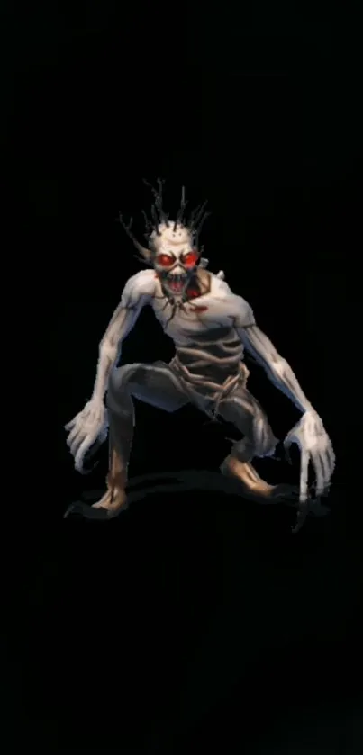 Creepy creature with red eyes on a dark background.