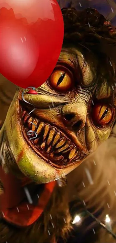 Creepy creature with balloon in vibrant colors on phone wallpaper.