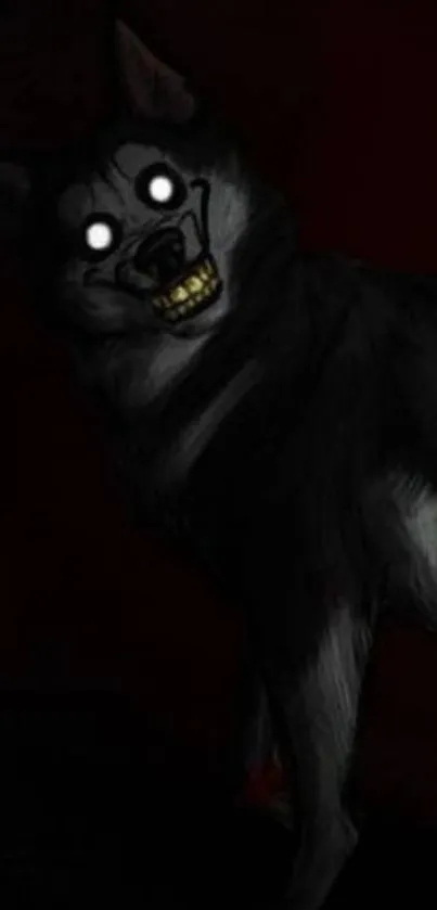 Creepy dog with glowing eyes on dark background.