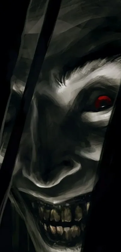 Creepy dark face with red eye peering through shadows.