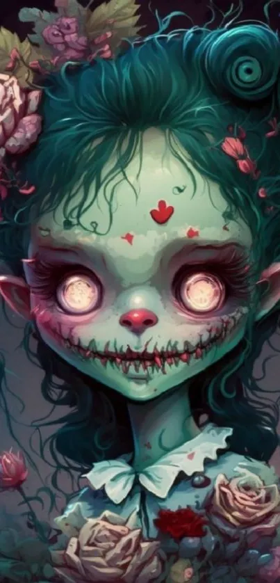 Eerie doll with glowing eyes and floral accents on phone wallpaper.