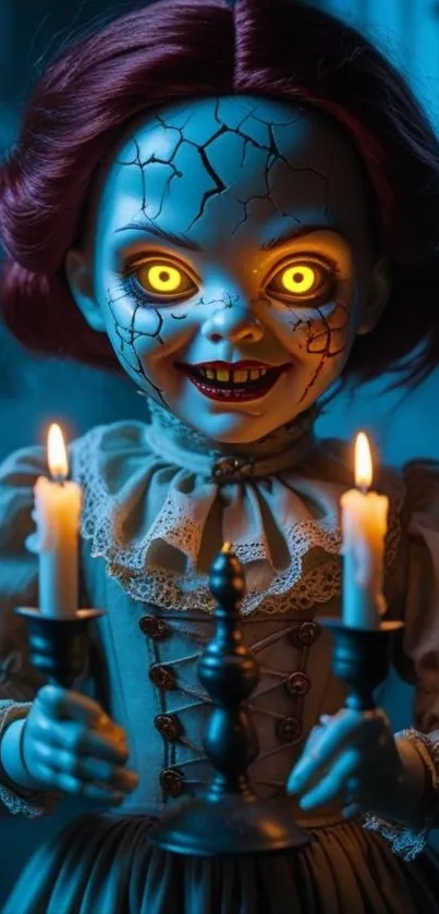Creepy doll with glowing eyes in candlelight.