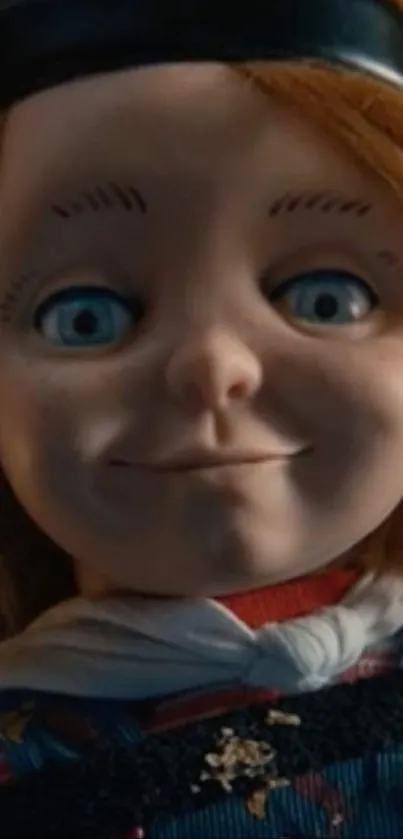 Close-up of a creepy doll with blue eyes and a subtle smile, ideal for horror fans.