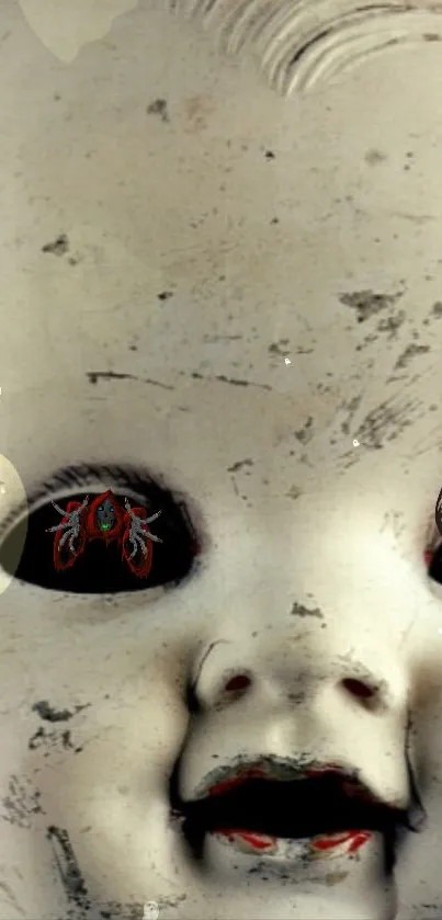 Creepy doll close-up with spooky Halloween elements.