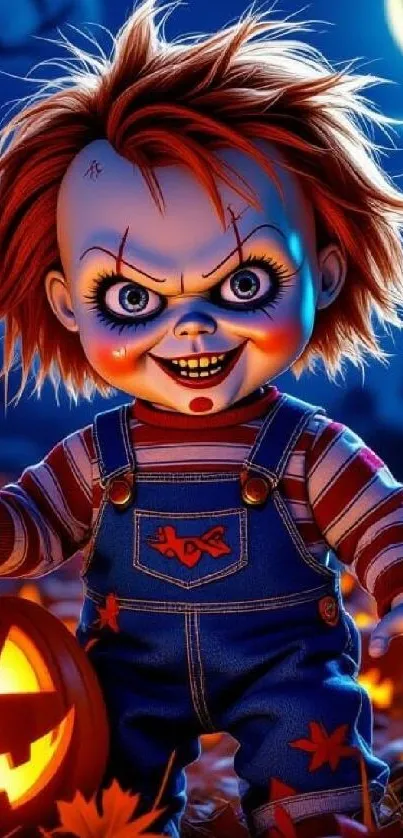 Creepy doll with pumpkins under moonlight