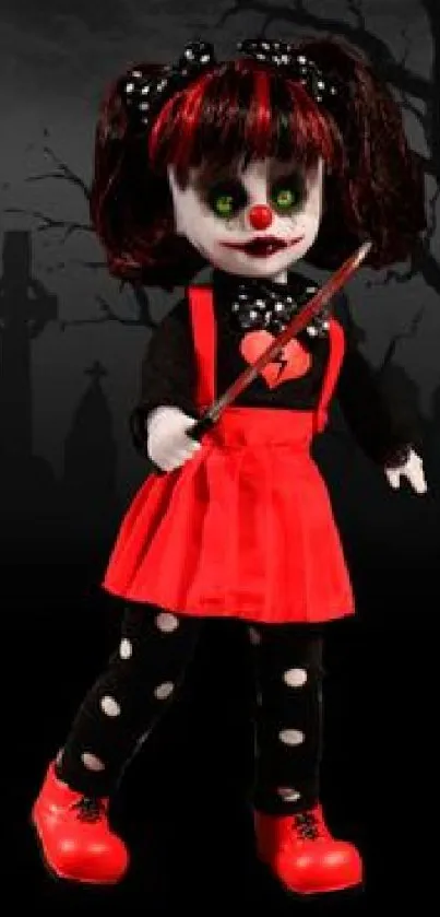 Creepy doll in red dress with a spooky Halloween background.