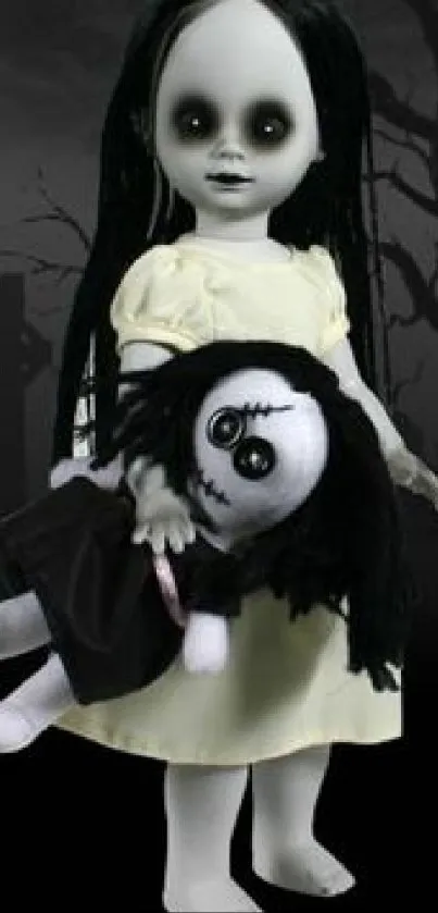 Creepy doll with dark eyes holding another doll in a haunting scene.