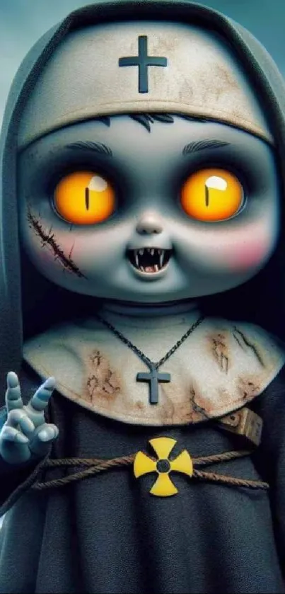 Creepy doll nun with glowing eyes in a dark setting, perfect for horror fans.