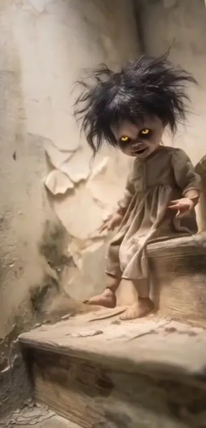Creepy doll with glowing eyes on rustic steps wallpaper.