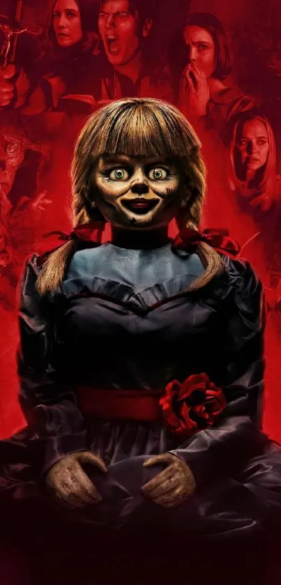 Creepy doll on red horror-themed wallpaper.