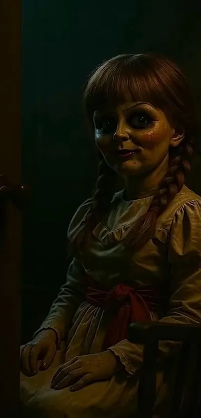 Creepy doll in dimly lit room with braids and eerie atmosphere.
