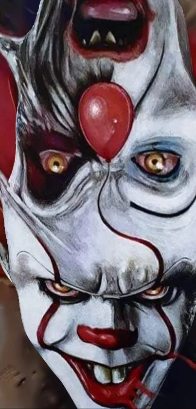 Creepy wallpaper with dual-faced clown art and intense eyes.