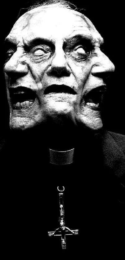 Dual-faced priest in monochrome art with eerie gothic tones.