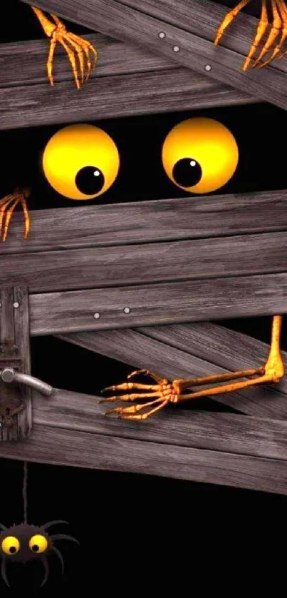 Spooky Halloween wallpaper with yellow eyes peeking through wooden planks.