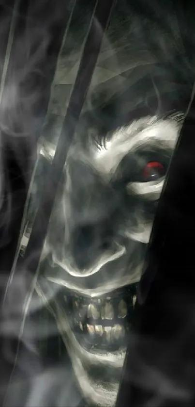 Sinister face peering through darkness in a mysterious wallpaper.
