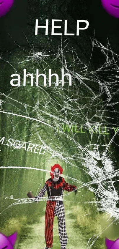 Scary clown in dark forest wallpaper with cracked glass effect.