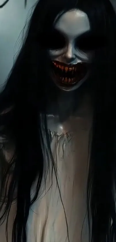 Scary gothic figure with dark eyes and sharp teeth in a creepy atmosphere.