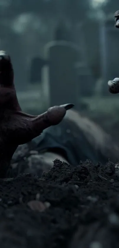 Zombie hands emerging from grave, dark scene.