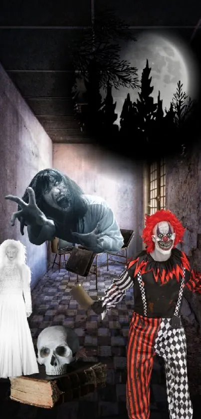 Creepy haunted hallway with eerie ghosts and spooky clown.