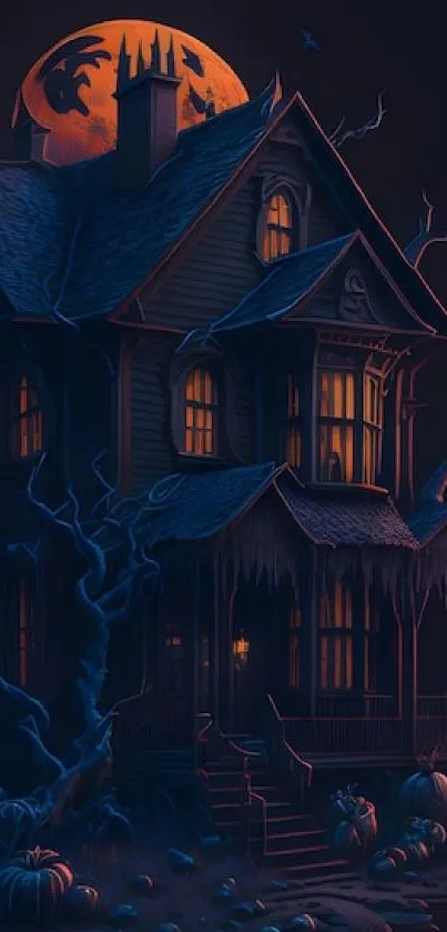 Eerie Halloween mansion at night with bats, pumpkins, and a full moon.