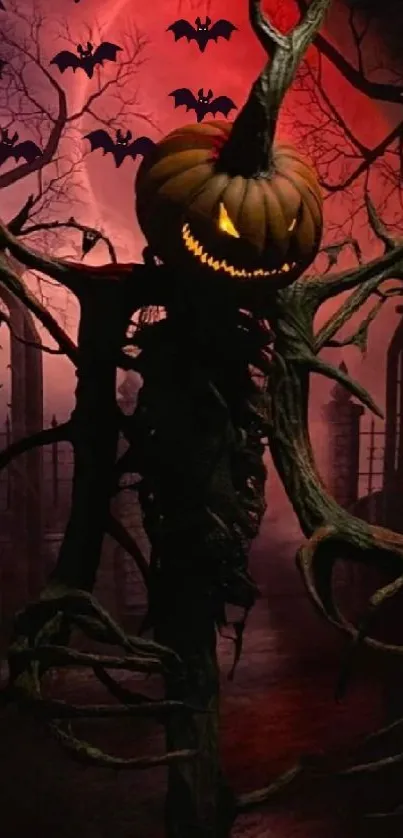 Eerie Halloween wallpaper with pumpkin head scarecrow in haunted forest scene.