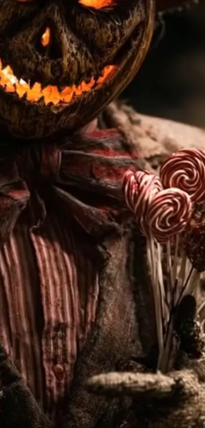 Sinister pumpkin figure holding lollipops.